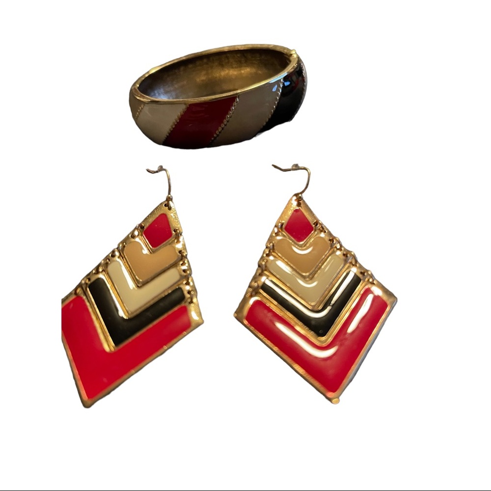 Vintage MCM Bracelet & Earrings Red Cream & Black Women’s Costume Jewelry